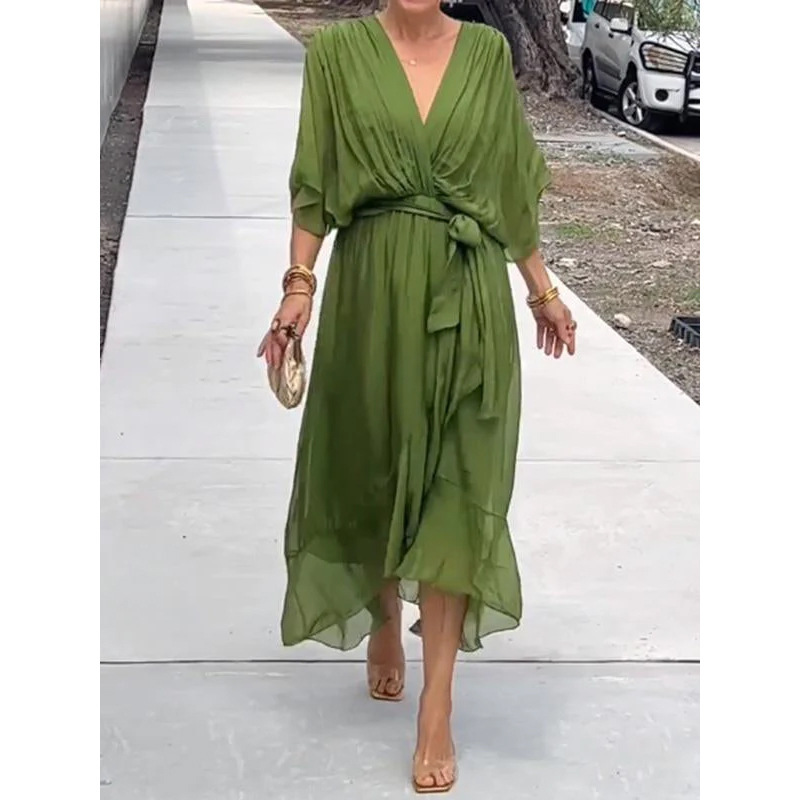 Women's Solid Color Tie-Waist Batwing Sleeve Irregular Long Dress Plus Size