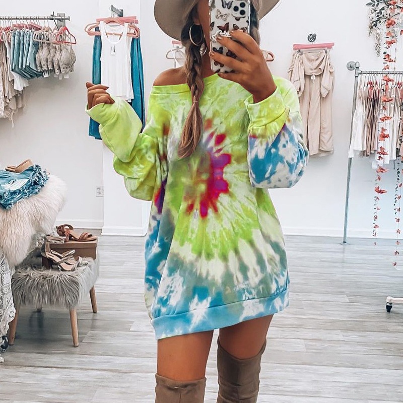 Bohemian Tie-Dye Off-Shoulder Midi Dress Loose Long Sleeve Pullover