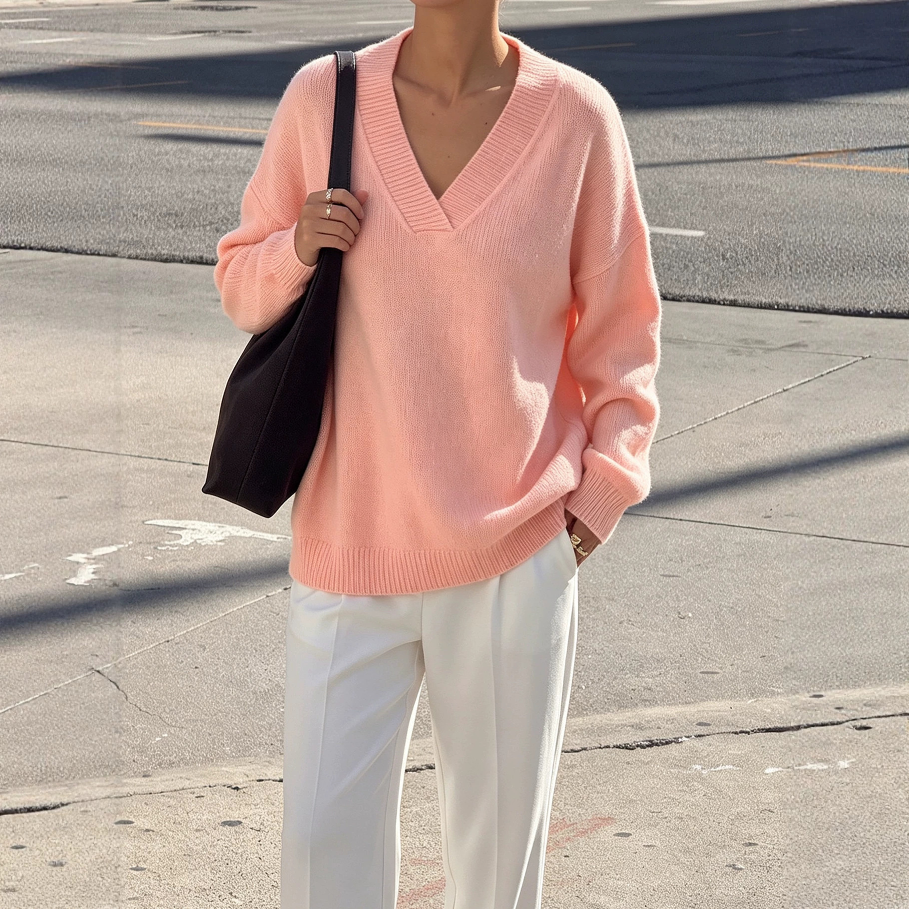 V-Neck Wool Knit Pullover Sweater Women Long Sleeve Warm Casual