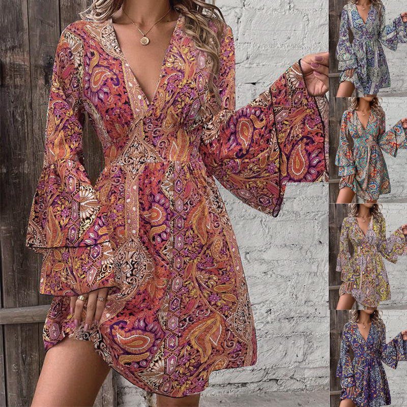 Women's Paisley Print V-Neck Bell Sleeve Midi Dress