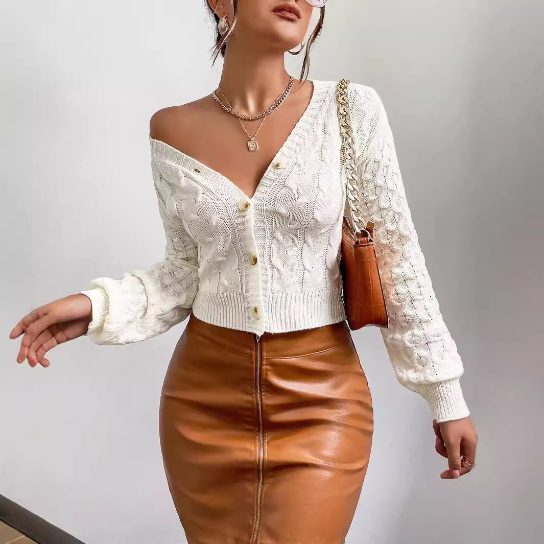 Women's Cable Knit Open Front Cardigan with Deep V-Neck and Hollow-Out Detail, Loose Fit Long Sleeve, White