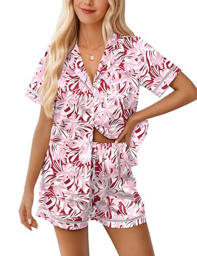 Women's Cuban Collar Short Sleeve Shirt Set Floral Solid Casual