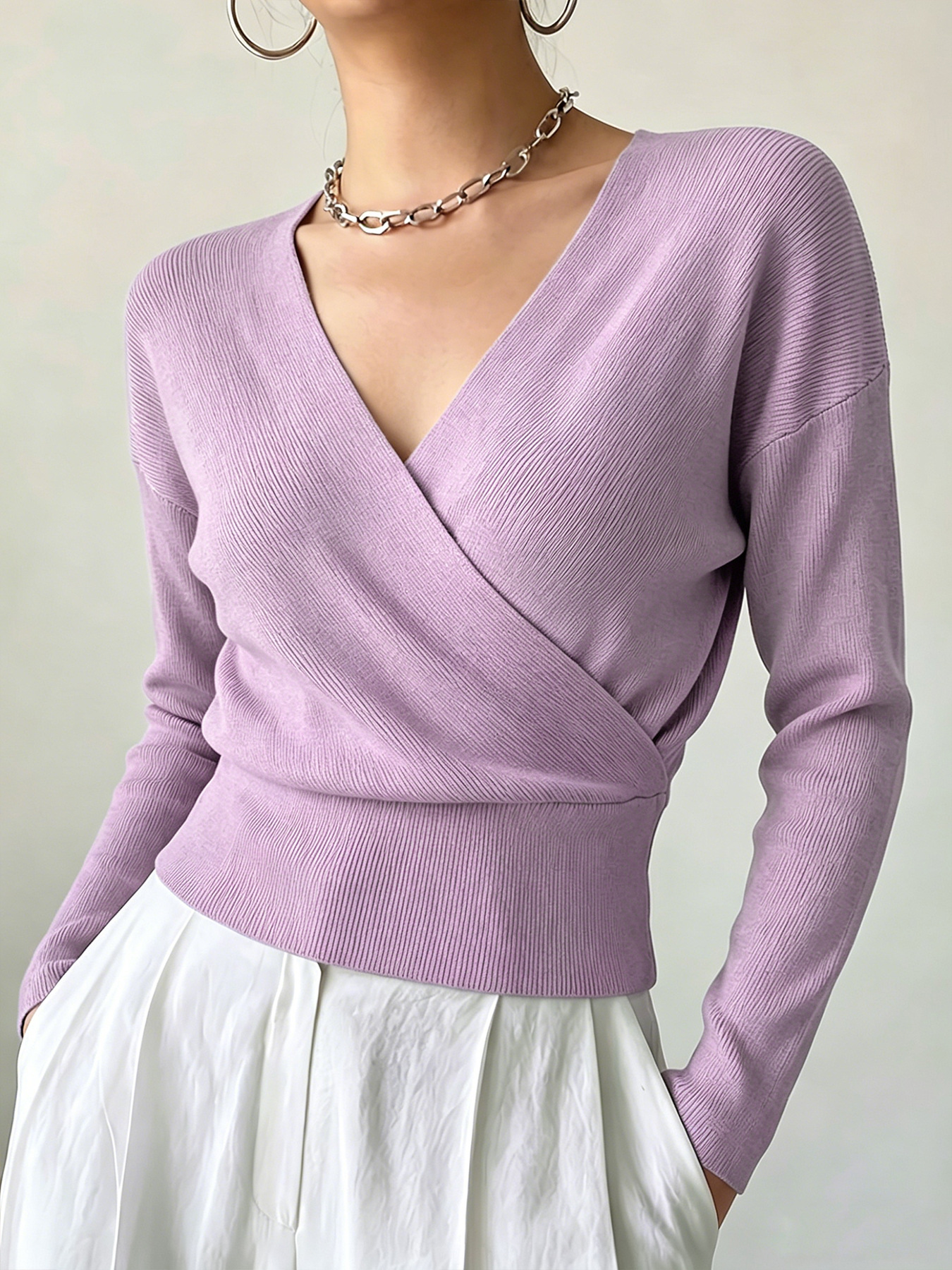 Women's Long Sleeve Cross V-Neck Knit Sweater Slimming Solid Color