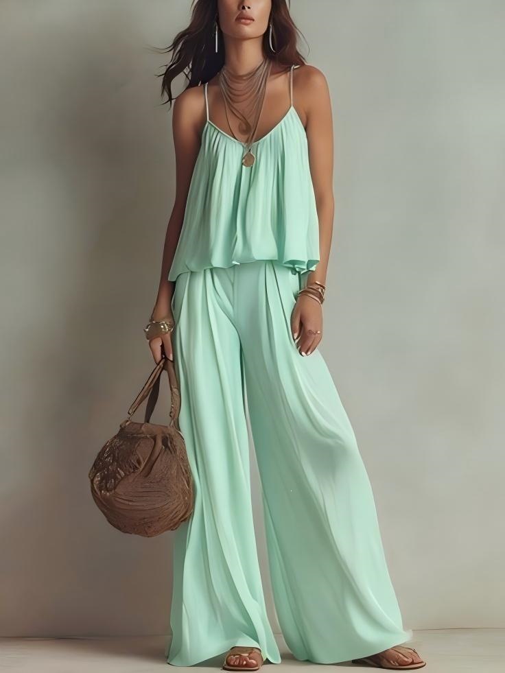 French Square-Neck Cami & Wide-Leg Pants Two-Piece Set