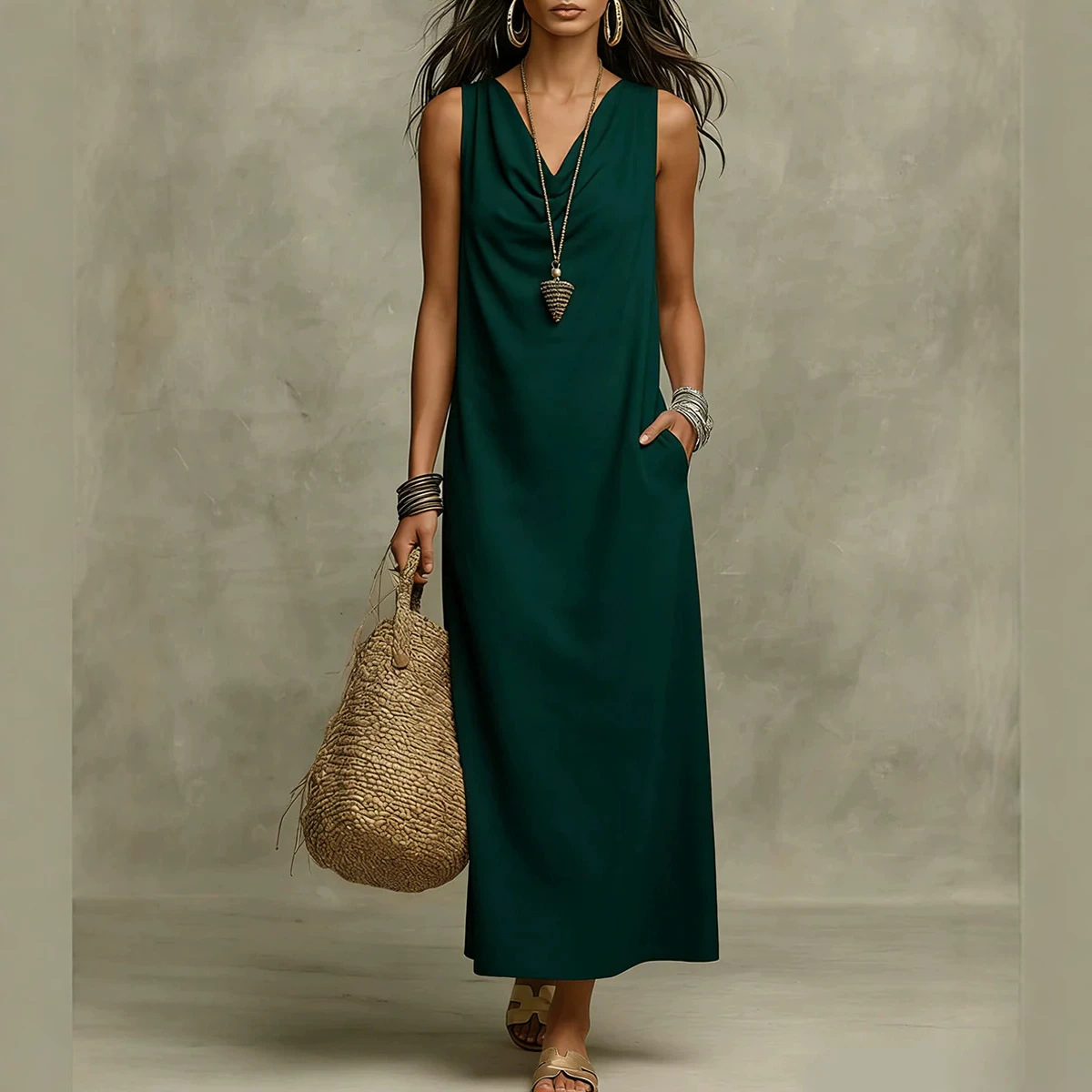 Women's Summer Cowl Neck Loose Pocket Casual Dress