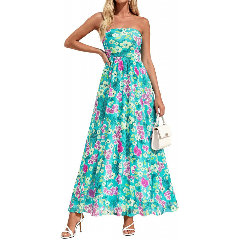 Boho Floral Strapless A-Line Maxi Dress