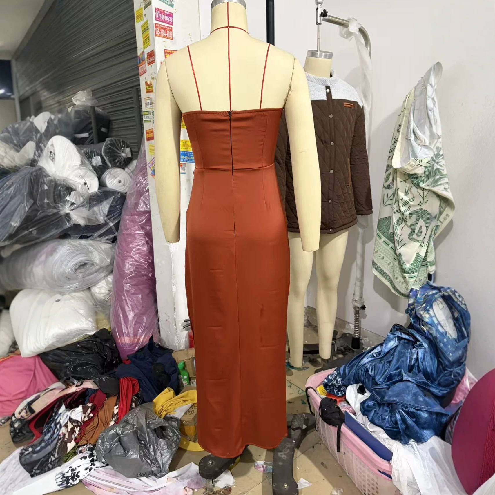 Women's Strapless V-Neck High Slit Evening Gown Ruched Waist Long Dress