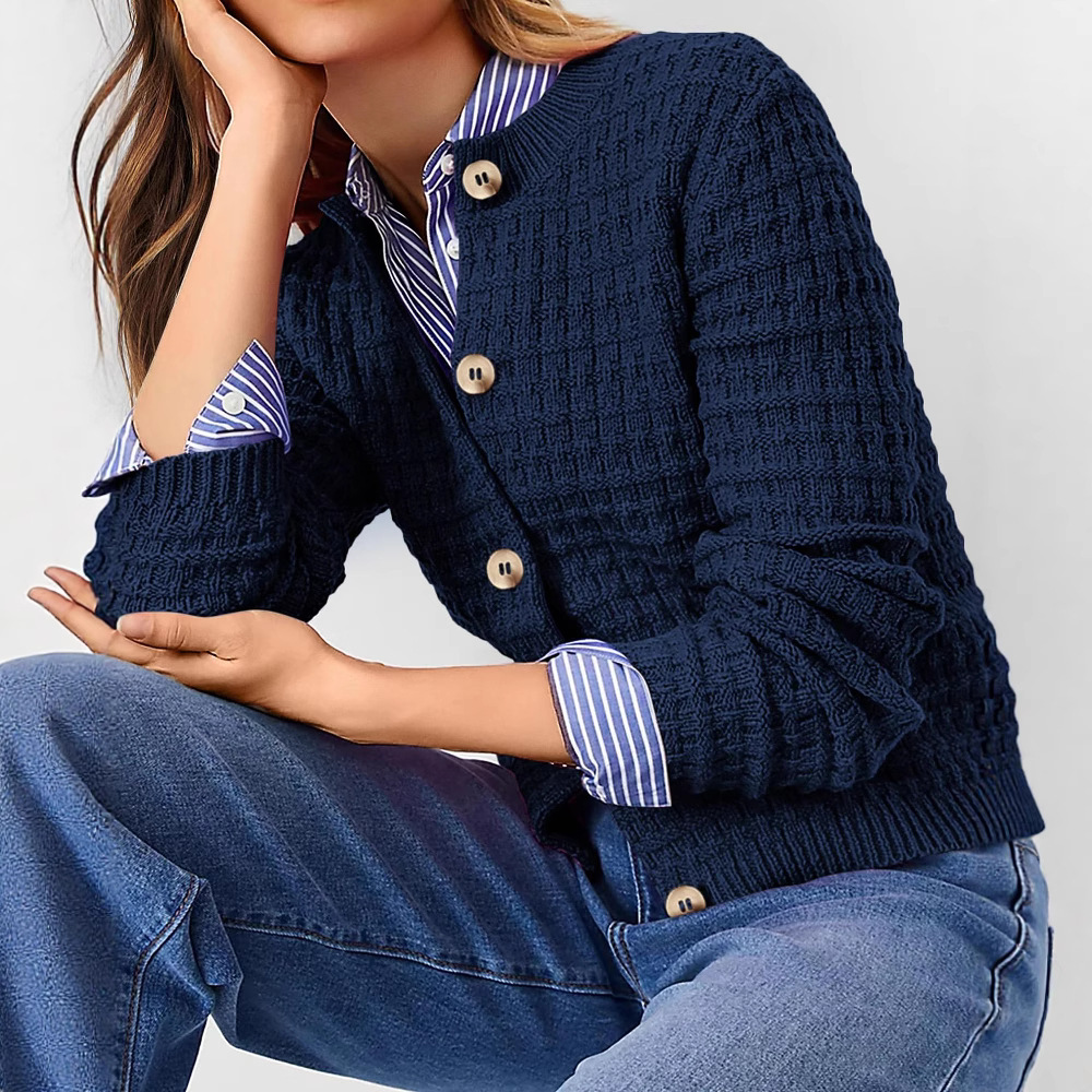 Women's Solid Color Crewneck Knit Cardigan Sweater