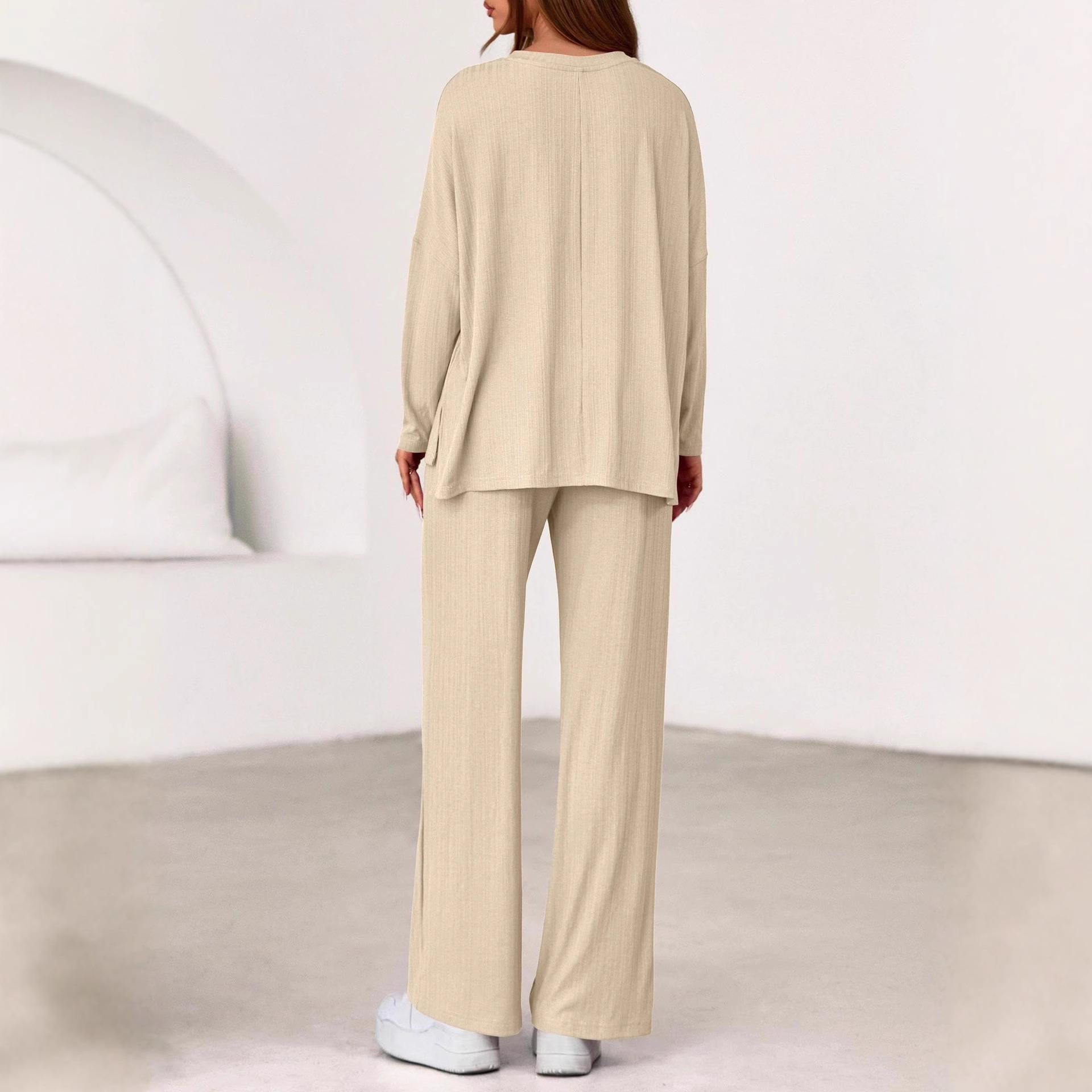 Women's Relaxed Long-Sleeve Top and Pants Two-Piece Set with Pockets