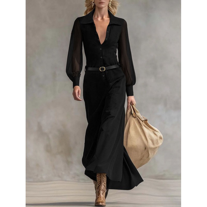 French-Style Black Shirt Dress with Sheer Sleeves and Cinched Waist