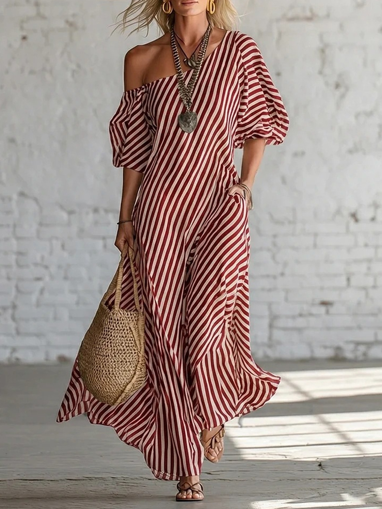 Striped Off-Shoulder Long Dress
