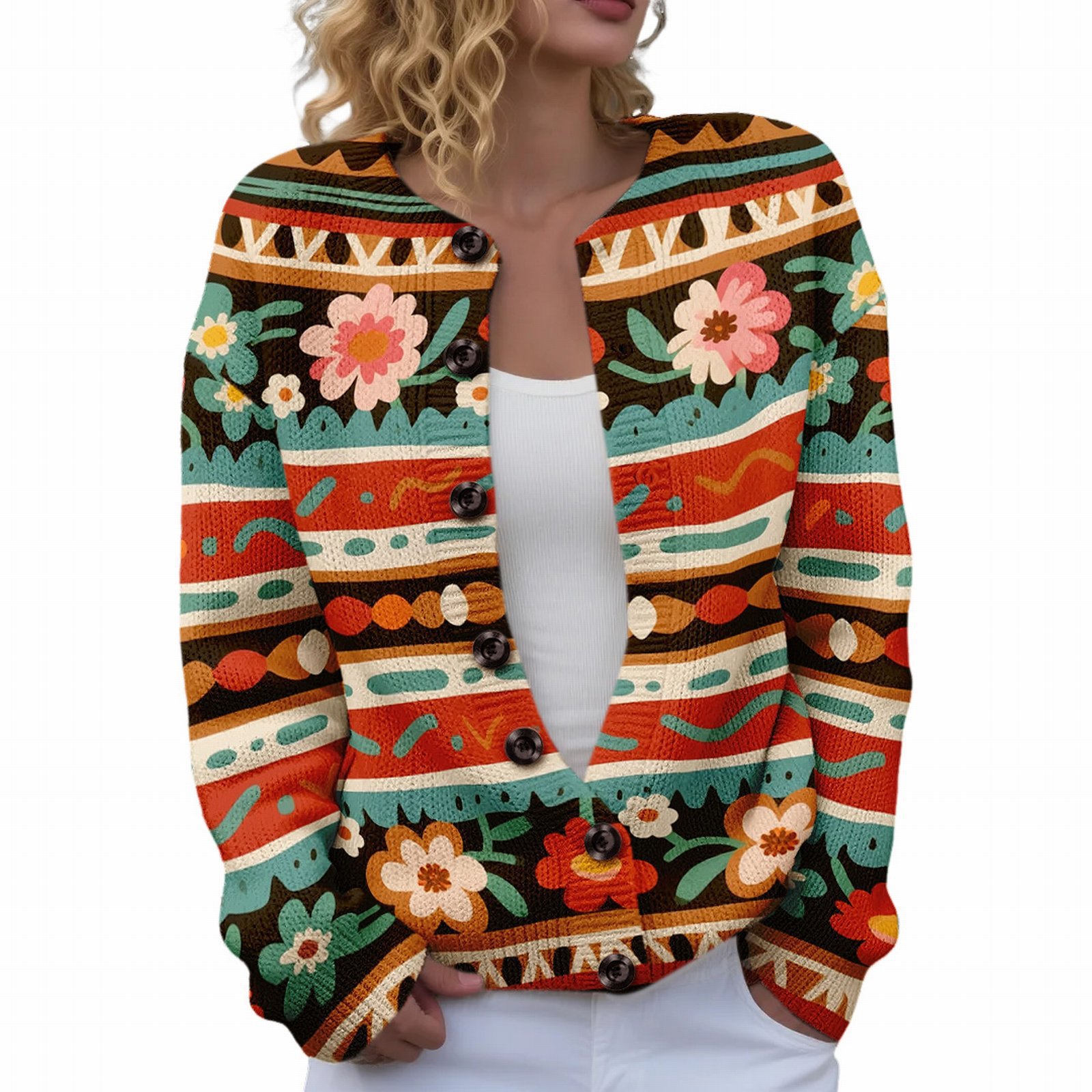Women's Floral Maple Leaf Print Button Cardigan