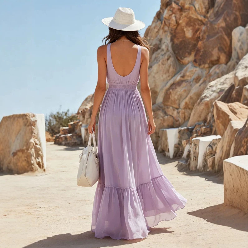 Light Purple Chiffon Sleeveless Pleated Maxi Dress