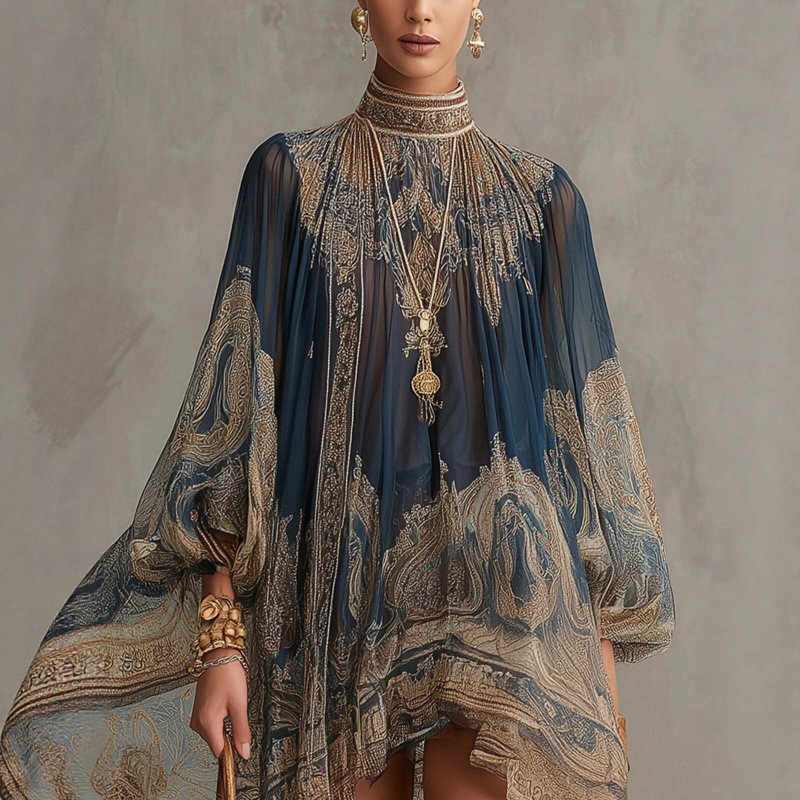 High Neck Printed Loose Midi Dress with Long Sleeves