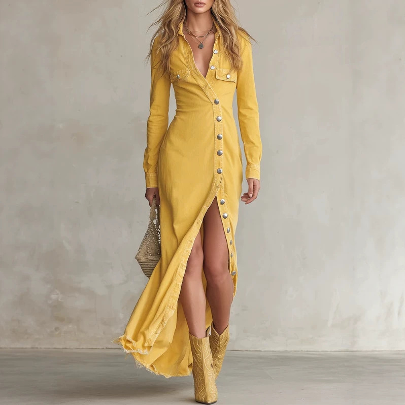 Retro Western Asymmetric Button Slit Denim Dress