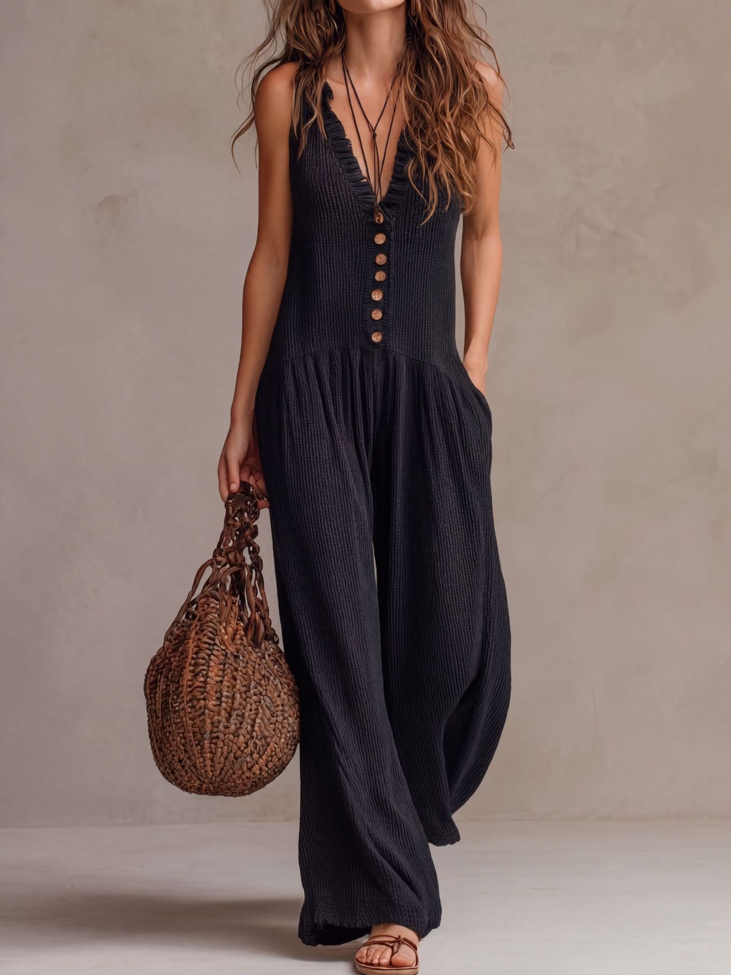 Women's Boho V-Neck Wide-Leg Jumpsuit