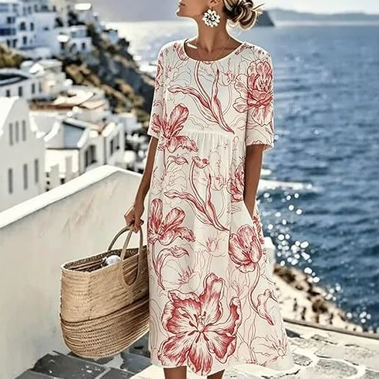 Women's Floral Print Midi Dress with Pockets