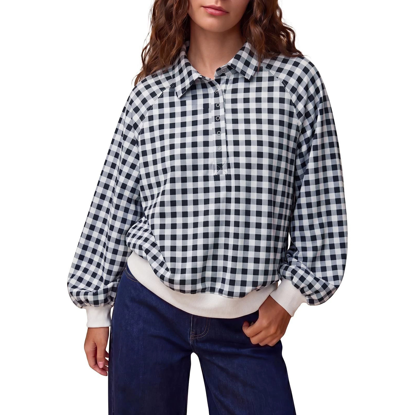 Women's Plaid Polo Neck Loose Long Sleeve Pullover Sweatshirt