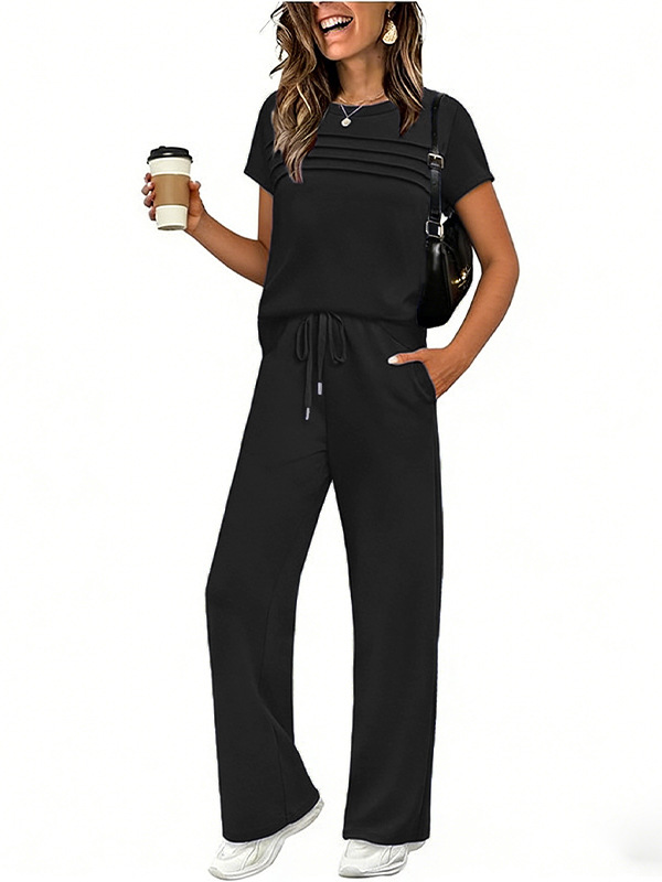 Women's Short Sleeve T-Shirt & Wide Leg Pants Set Casual Solid Color