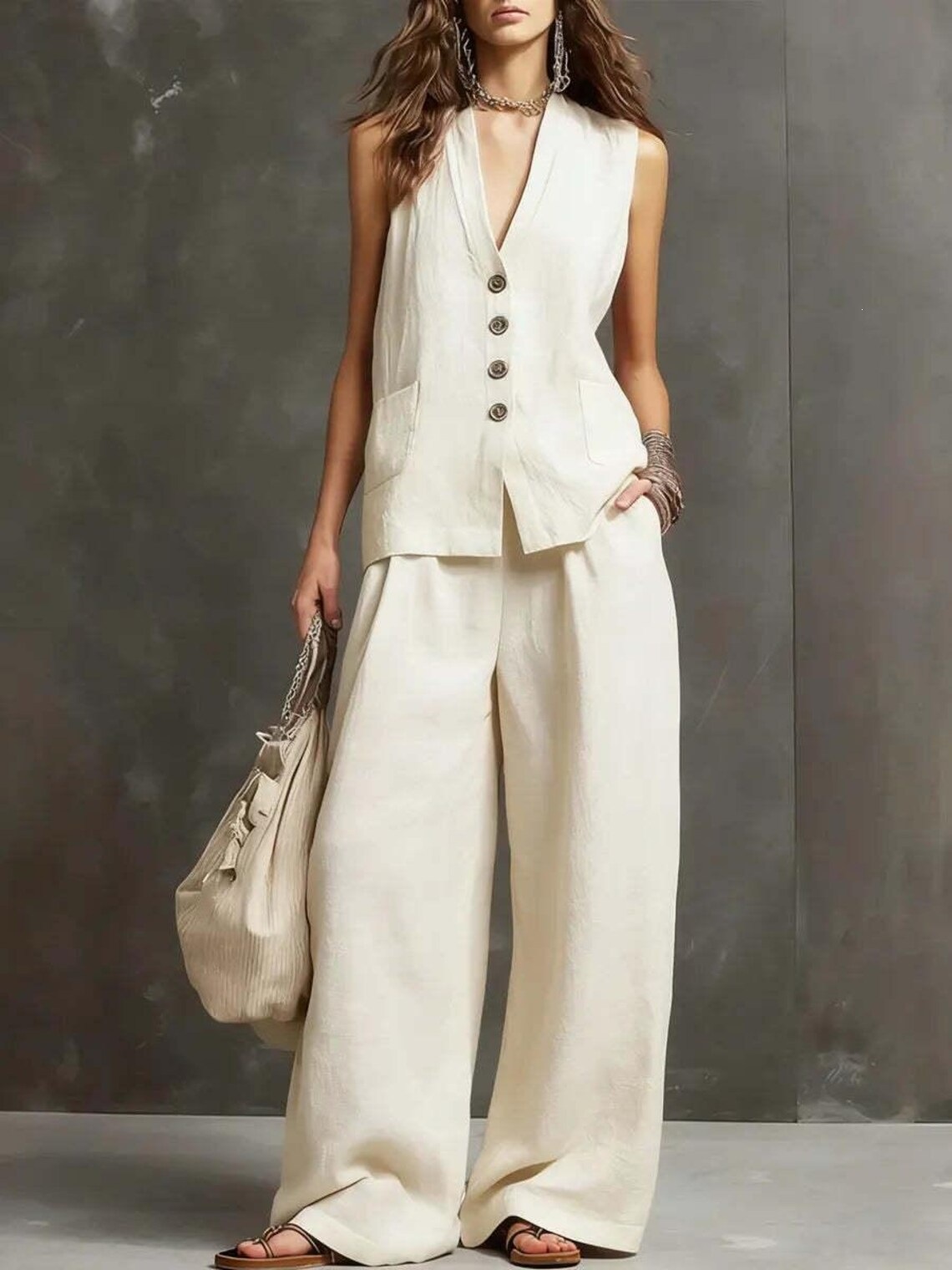 Women's Sleeveless Vest Top and Wide-Leg Pants Cotton-Linen Two-Piece Set