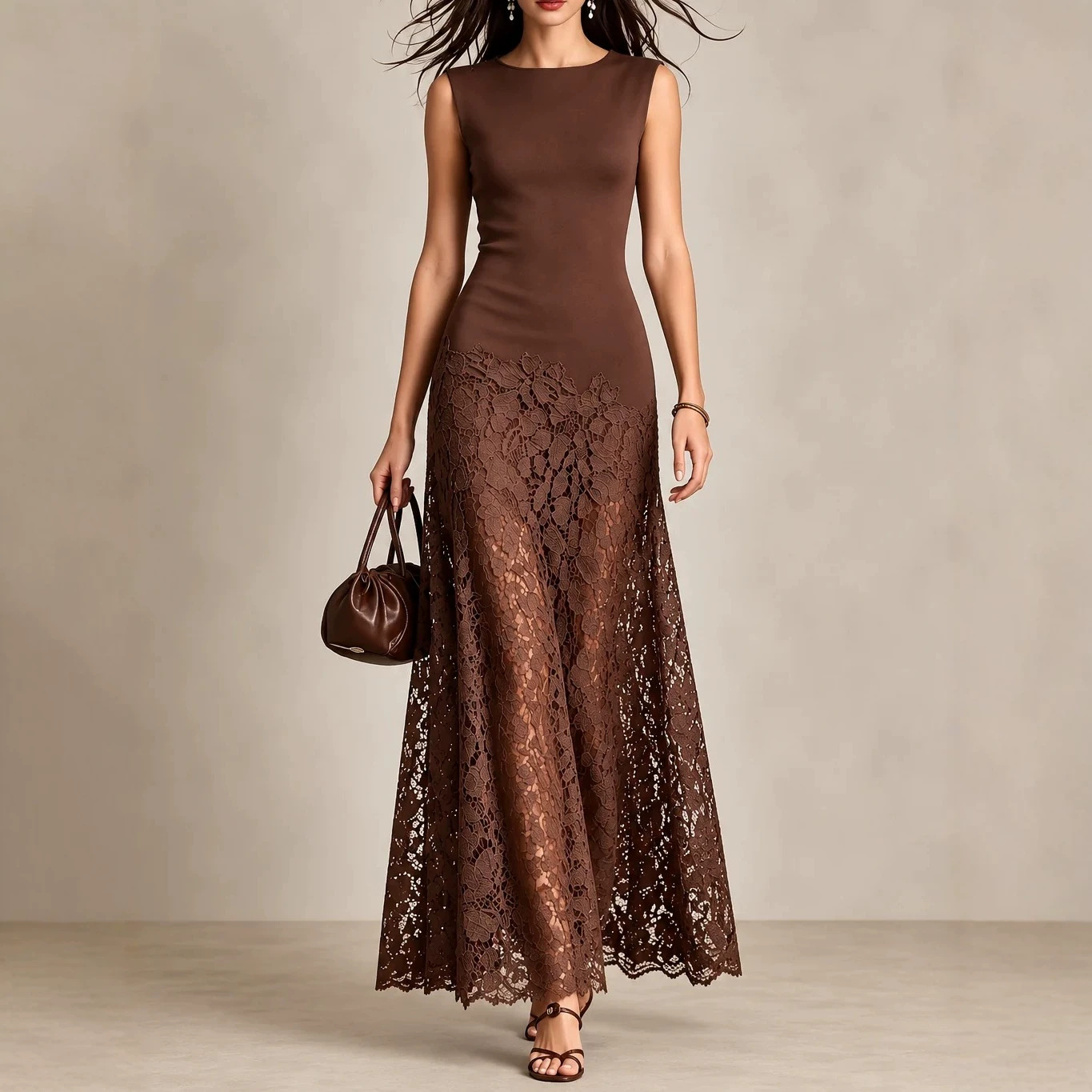 Retro Brown Sleeveless Lace Panel Long Dress