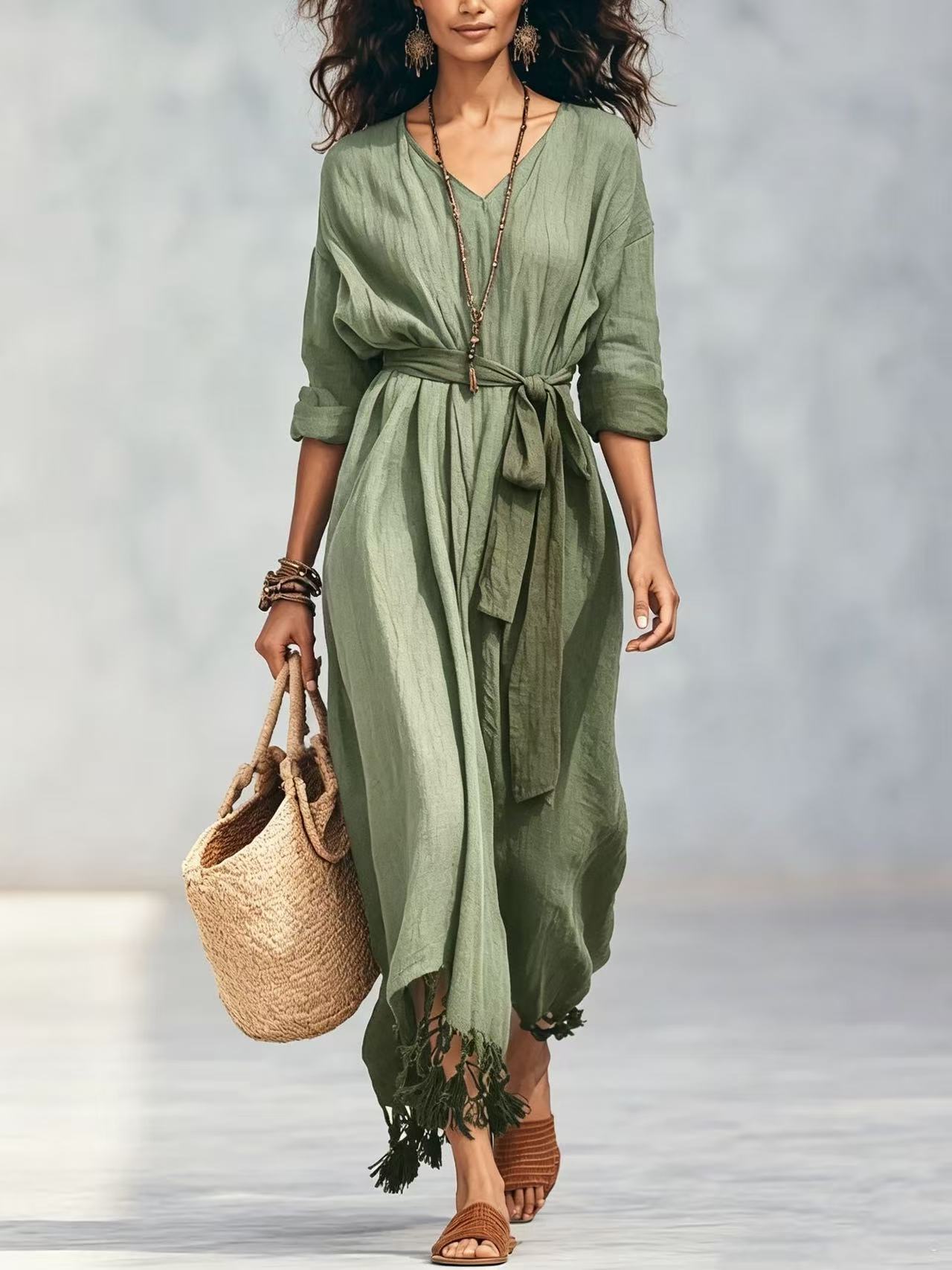 Boho V-Neck Tie-Front Fringe Hem Midi Dress