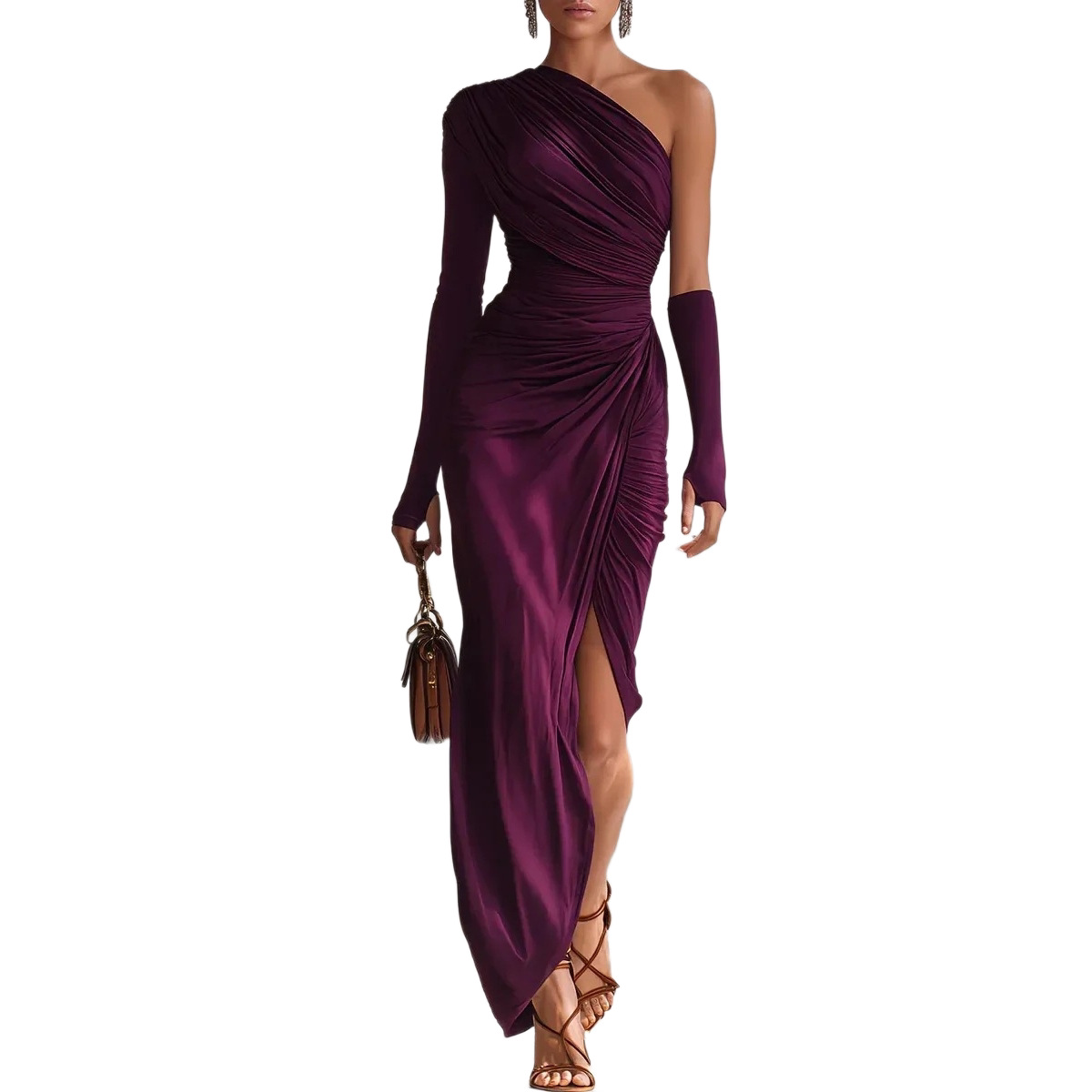 Purple Ruched One-Shoulder Long Sleeve Bodycon Maxi Dress
