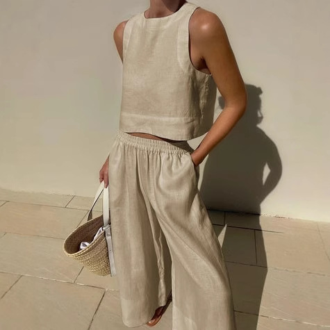 Women's Sleeveless Cotton-Linen Wide-Leg Pants and Tank Set
