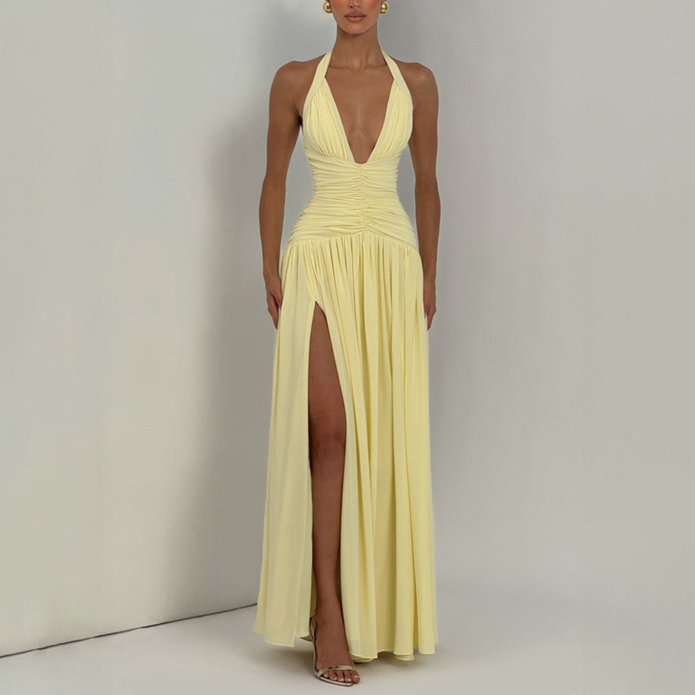 Women's Summer Halter Deep V Open Back Pleated Waist Mermaid Evening Dress