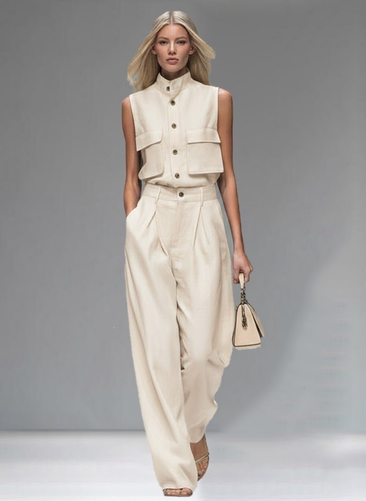 Women's Sleeveless Vest and Wide-Leg Pants Set Solid Color Two-Piece