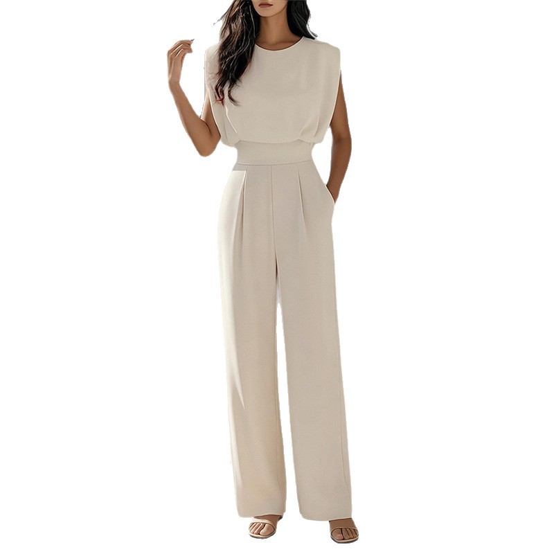 Women's Solid Crewneck Pleated Wide-Leg Jumpsuit