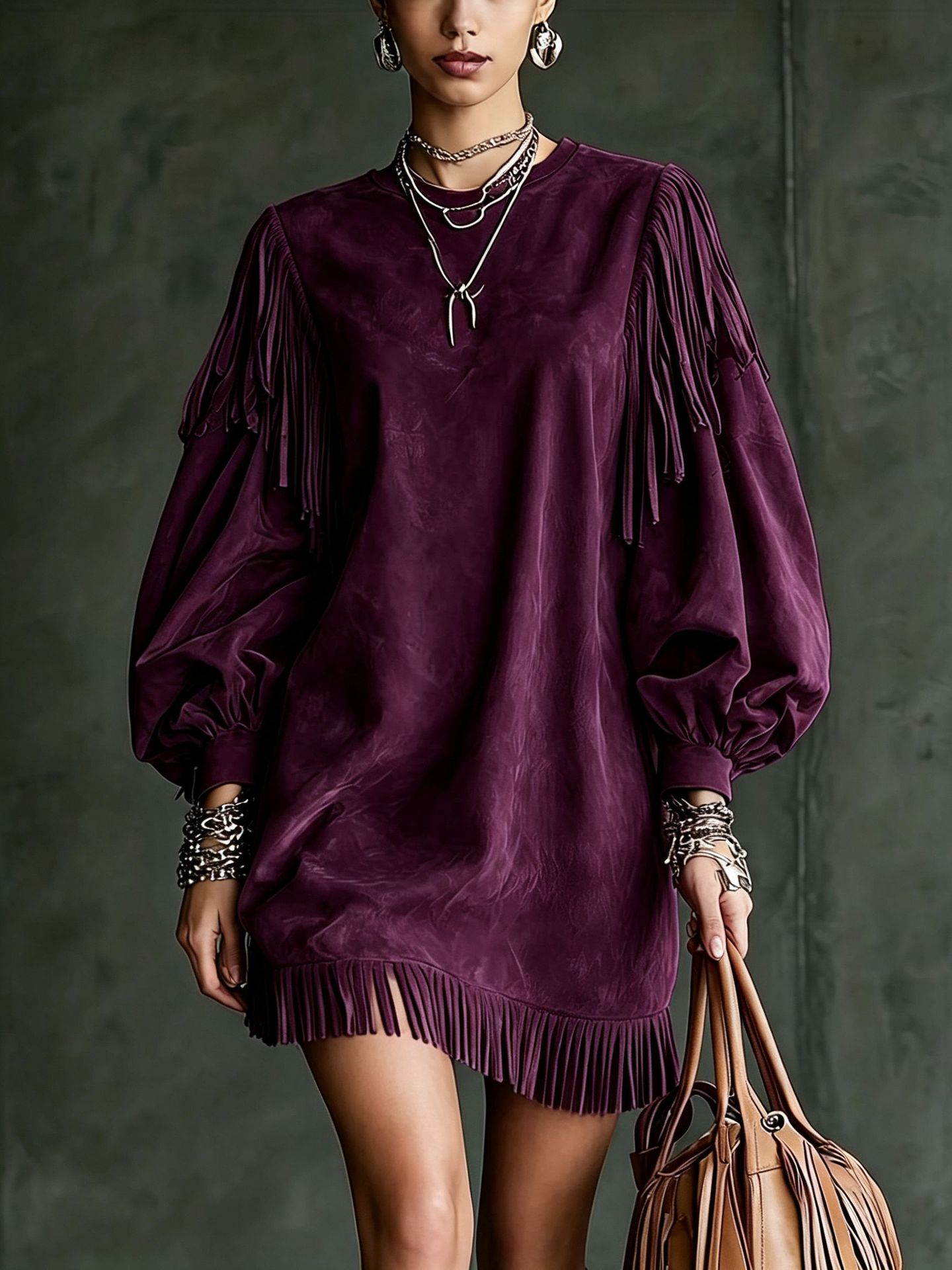 Women's Tassel Lantern Sleeve Short Dress - Loose Fit, Round Neck, Polyester Blend