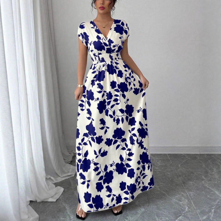 Floral Print V-Neck Tie-Waist Short Sleeve Midi Dress