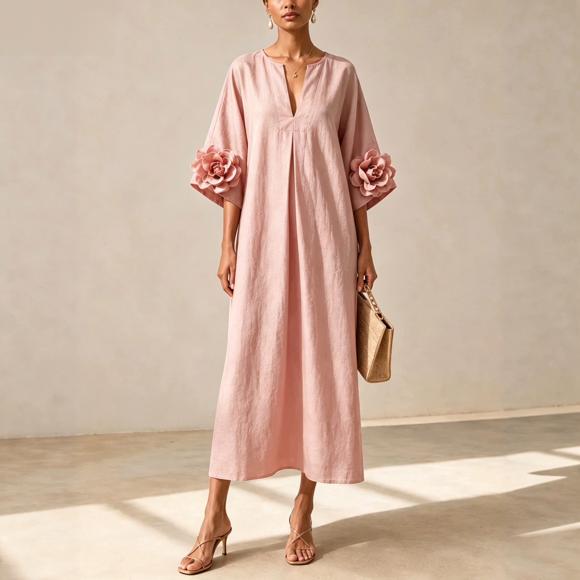 V-Neck Floral Midi Dress with Flared Sleeves