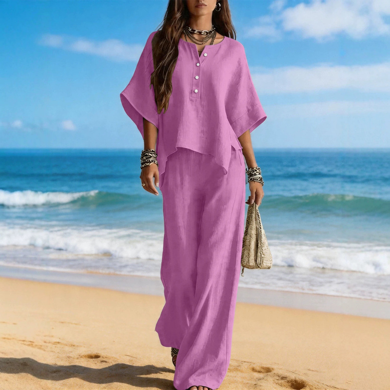Women's Asymmetrical Round Neck T-Shirt and Pants Two-Piece Set