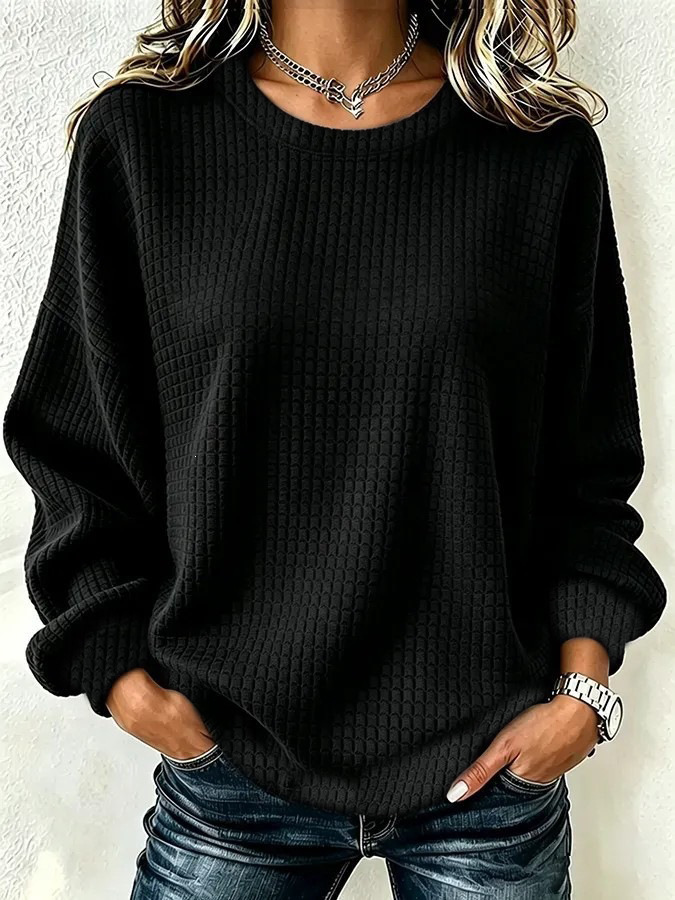Waffle Knit Long Sleeve Crewneck Pullover Sweatshirt