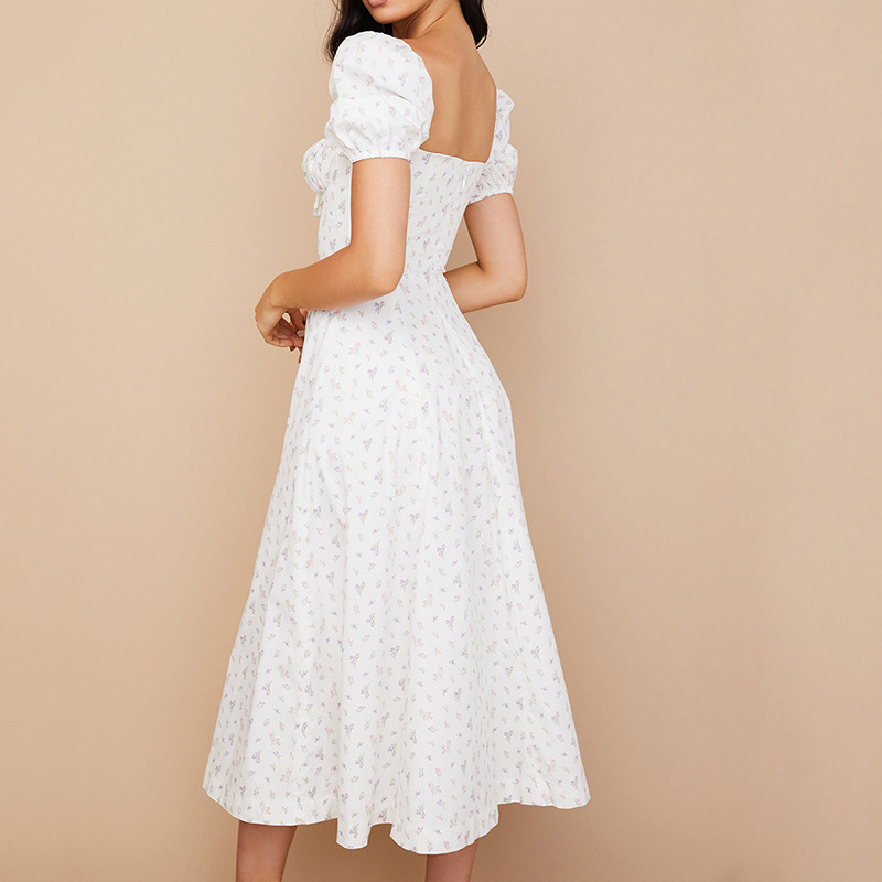 Women's Floral Print Midi Dress Square Neck Short Sleeve A-Line