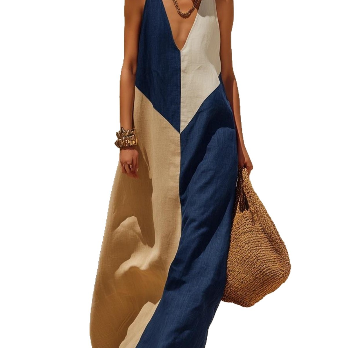 Women's Loose Sleeveless V-Neck Colorblock Maxi Dress