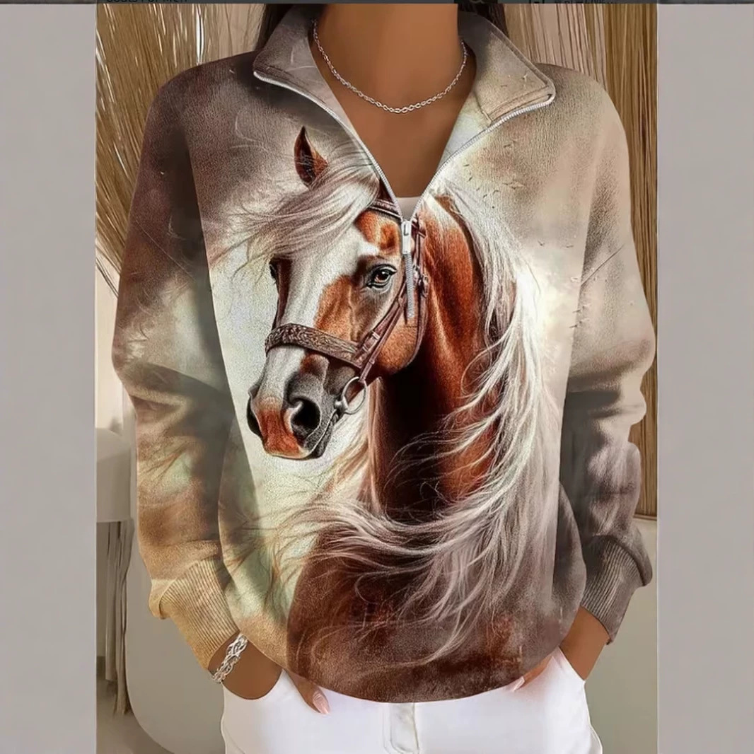 Cute Animal Print Half-Zip Hoodie for Women