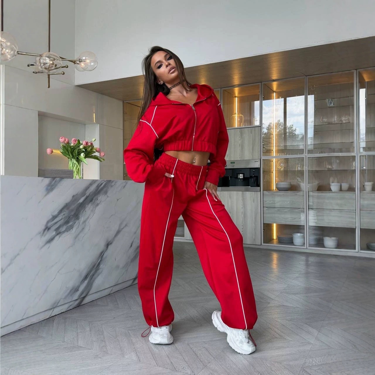 Women's Cropped Zip-Up Track Jacket and High-Waist Wide-Leg Jogger Set