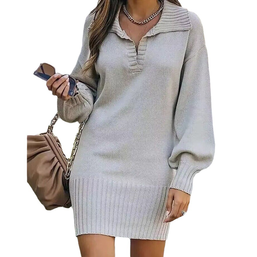 Women's Midi Sweater Dress with Collar and Lantern Sleeves
