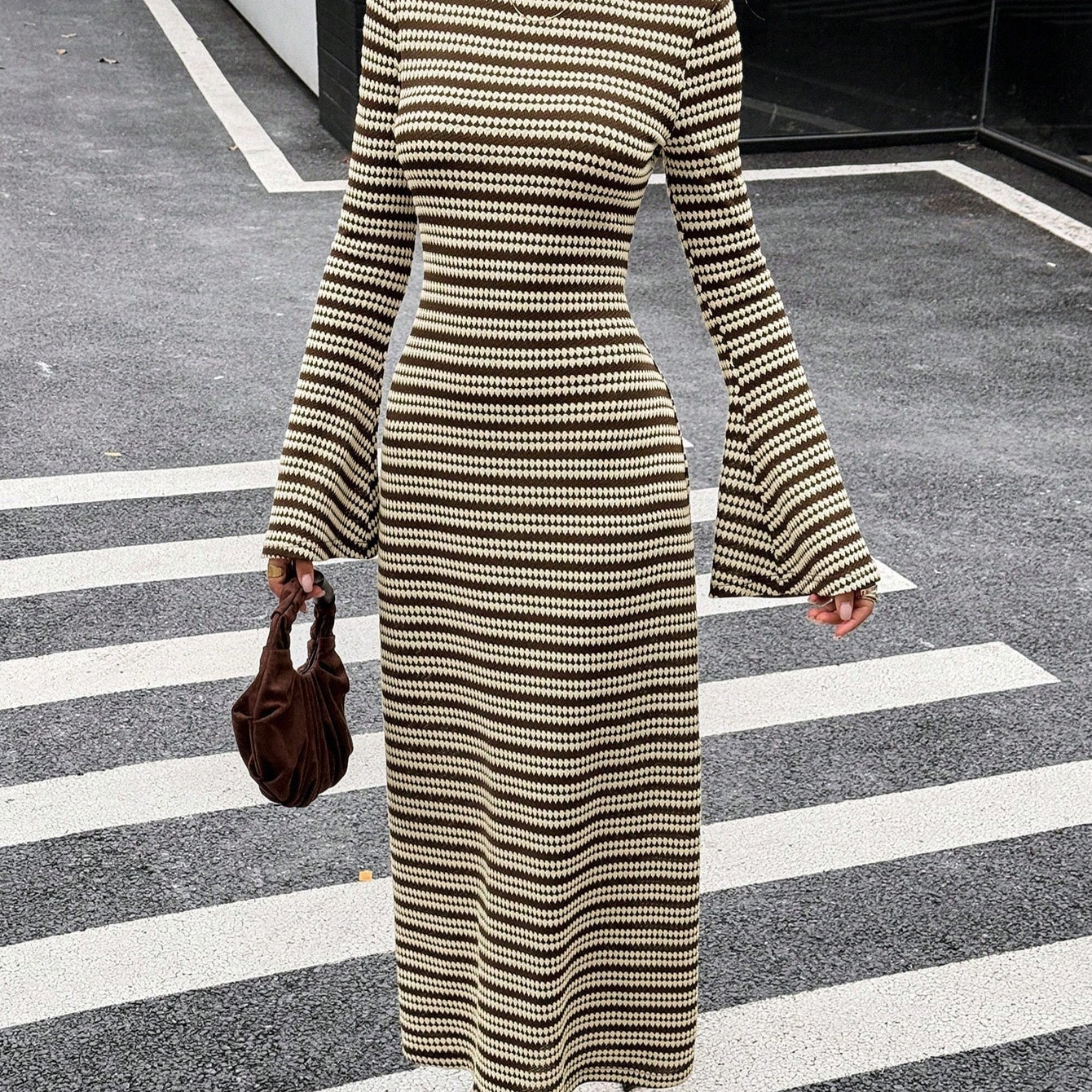 Striped Open-Back Flared Long-Sleeve Knit Dress