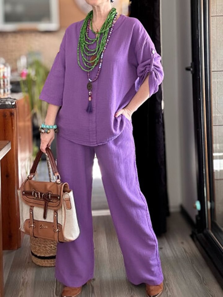 Cotton-Linen Two-Piece Set with Mid-Sleeve Top and Wide-Leg Pants