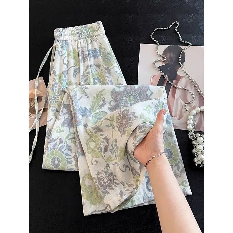 Printed Wide-Leg Pants for Women Lightweight High-Waist Straight-Leg Casual
