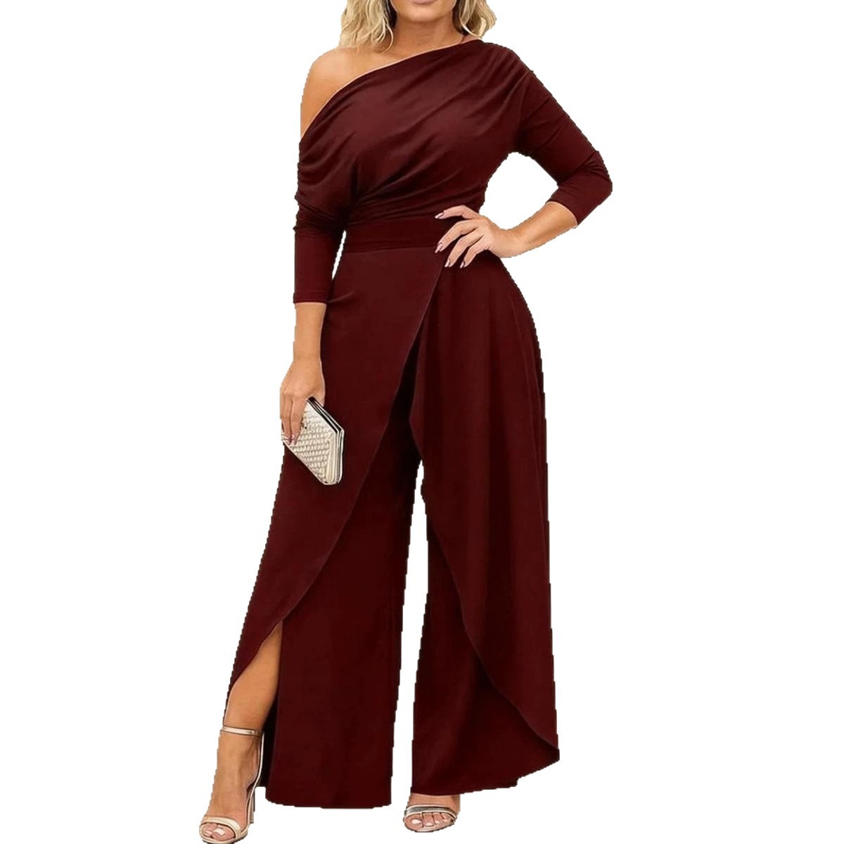 One-Shoulder High-Waist Wide-Leg Jumpsuit with Slit