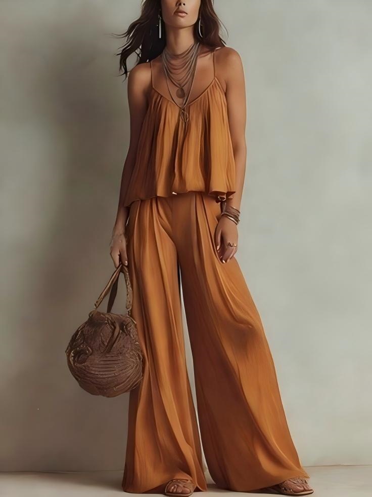 French Square-Neck Cami & Wide-Leg Pants Two-Piece Set