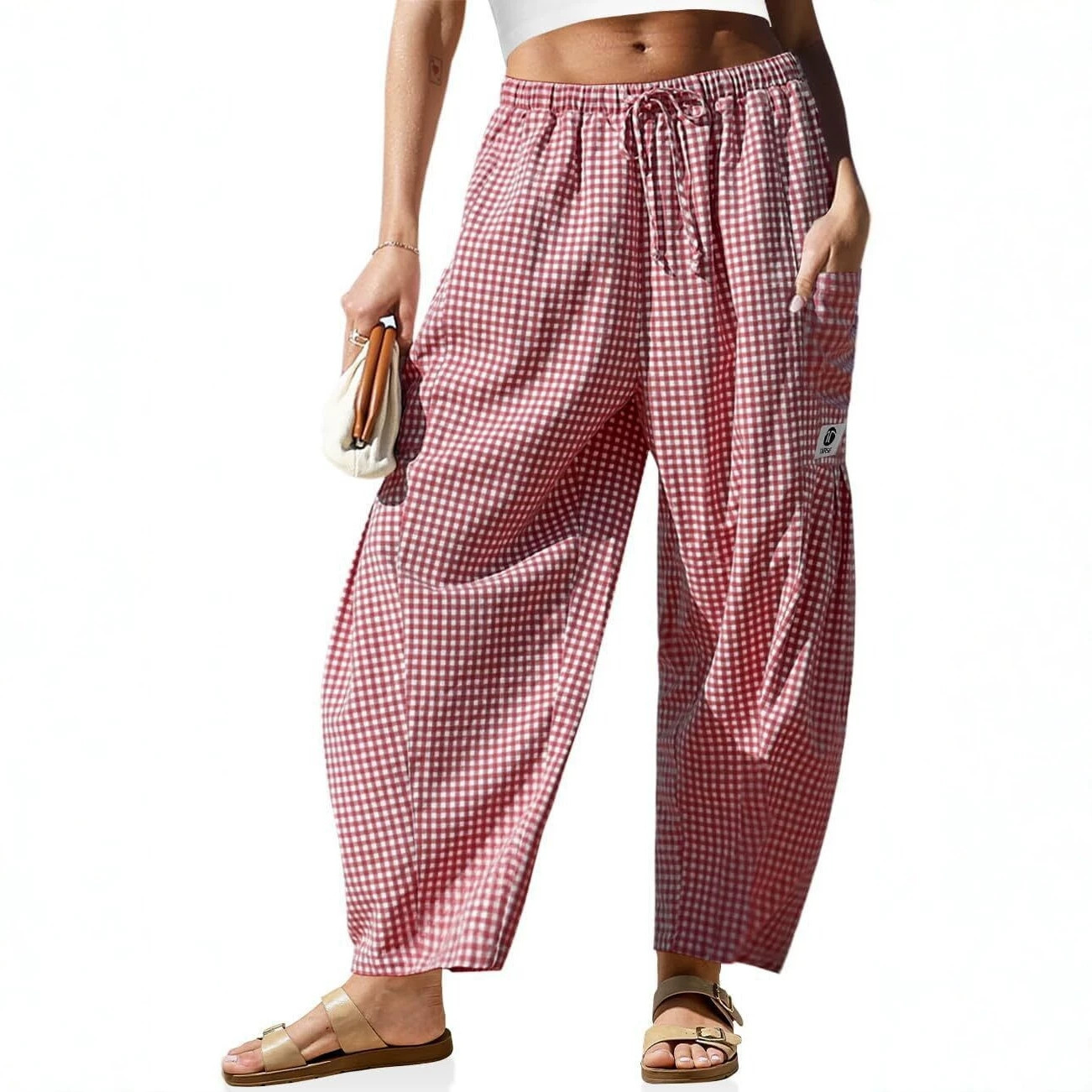 Women's Wide-Leg Plaid Harem Pants High Waist Linen-Blend Casual Trousers