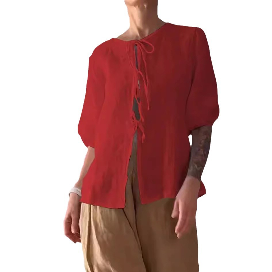 Women's Casual Solid Color Tie-Front Shirt and High-Waist Wide-Leg Pants Two-Piece Set