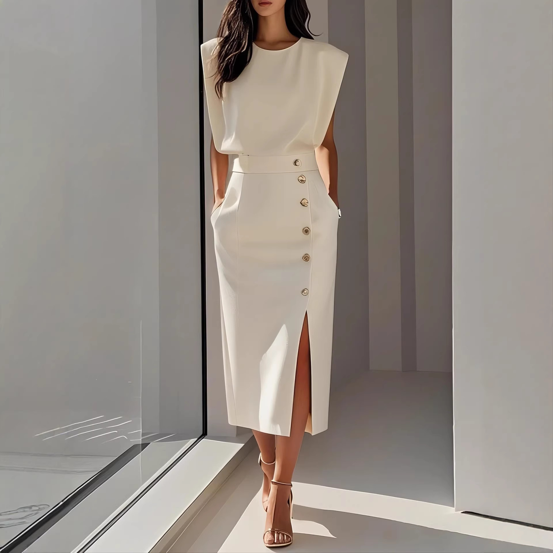 Women's Round Neck Sleeveless Button Slit Solid Midi Dress