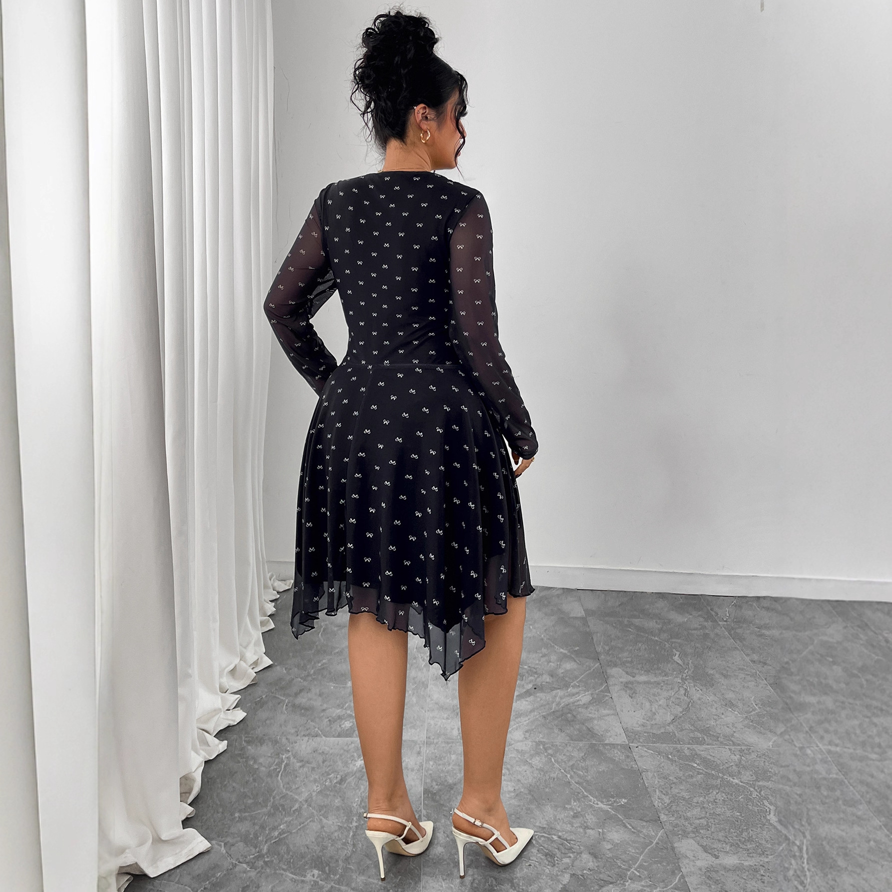 Bow Print A-Line Little Black Dress Hepburn Style Chiffon Midi